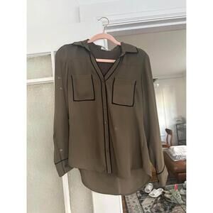 EXPRESS Olive Green Blouse with Black Trim - Stylish & Versatile